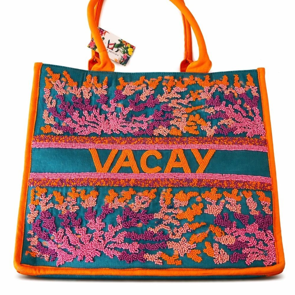 NWT A&B Limited Edition Beaded “VACAY” Tote Bag Teal & Orange Beach Travel Purse
